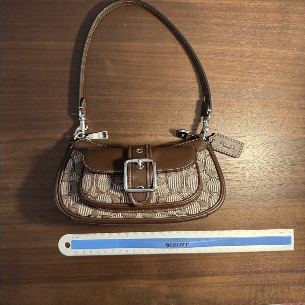 Coach Tan and Brown Signature Small Shoulder Bag with Buckle w/extension strap